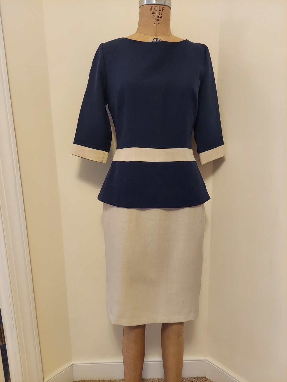 Maurini Navy and Cream Two-Tone Long Sleeve Peplum Dress